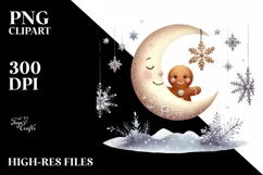 Cute Winter Gingerbread Man behind Moon PNG Product Image 3