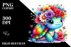 Cartoon Turtle with Flower Crown, Colorful Watercolor PNG Product Image 1