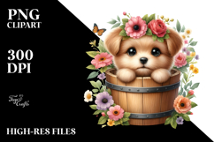 Cute Baby Dog in Wood Bucket, PNG Product Image 2