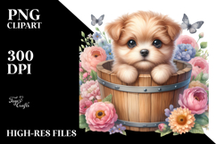 Cute Baby Dog in Wood Bucket, PNG Product Image 2