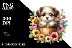Cute Baby Dog in Wood Bucket, PNG Product Image 2