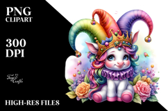 Colorful Baby Unicorn in Jester Hat, PNG Product Image 2