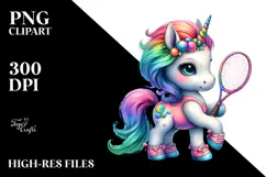 Colorful Baby Unicorn with Racket, PNG Product Image 2