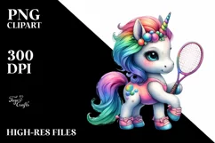 Colorful Baby Unicorn with Racket, PNG Product Image 1