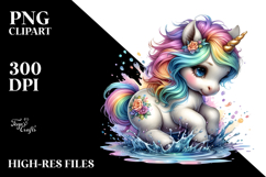 Colorful Baby Unicorn Splashing in Puddle, PNG Product Image 2
