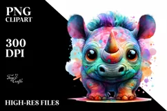 Colorful Layered Watercolor Cute Rhino with Eyes Product Image 1