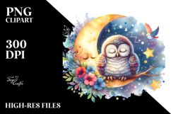 Watercolor Vibrant Baby Owl | Sleeping Moon Clipart Product Image 2