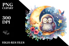 Watercolor Vibrant Baby Owl | Sleeping Moon Clipart Product Image 2
