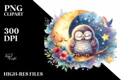 Watercolor Vibrant Baby Owl | Sleeping Moon Clipart Product Image 1