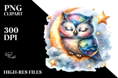 Watercolor Vibrant Baby Owl | Sleeping Moon Clipart Product Image 2