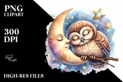 Watercolor Vibrant Baby Owl | Sleeping Moon Clipart Product Image 1