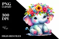 Cute Vibrant Elephant with Flower Crown, Watercolor PNG Product Image 3