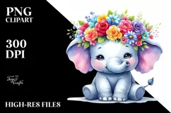 Cute Vibrant Elephant with Flower Crown, Watercolor PNG Product Image 1