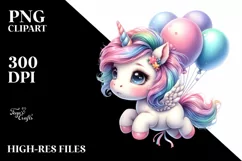 Cute Baby Unicorn Floating with Balloons | Clipart Product Image 1