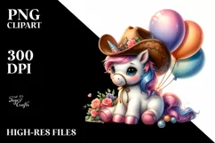 Cute Baby Unicorn with Cowboy Hat and Baloons Product Image 1
