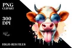 Funny Cow Sunglasses Tongue Portrait | Sublimation Clipart Product Image 1