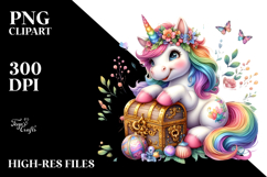 Colorful Baby Unicorn with Treasure Chest, PNG Product Image 2