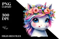 Cute Unicorn with Floral Wreath PNG Product Image 2