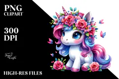 Cute Unicorn with Floral Wreath PNG Product Image 2