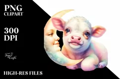 Colorful Baby Cow with Smiling Moon, PNG Product Image 3