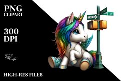 Colorful Baby Unicorn at Street Corner, PNG Product Image 1