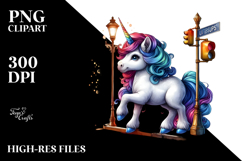 Colorful Baby Unicorn at Street Corner, PNG Product Image 2