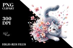 Cat Tumbling Spring Petals Watercolor Product Image 1