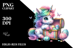 Colorful Baby Unicorn with Treasure Chest, PNG Product Image 2