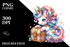 Colorful Baby Unicorn with Treasure Chest, PNG Product Image 2