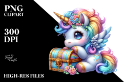 Colorful Baby Unicorn with Treasure Chest, PNG Product Image 2