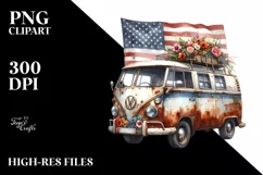 Vintage Campervan with USA Flag | Clipart Product Image 1