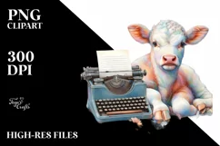 Colorful Baby Cow with Typewriter, PNG Product Image 1