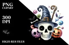 Funny Watercolor Whimsical Halloween Skull | Clipart Product Image 1