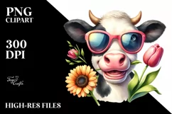 Cow with Sunglasses and Flowers on White Background | Product Image 3