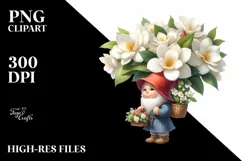 Detailed Watercolor Gnome with Gardenia Bouquet Product Image 1