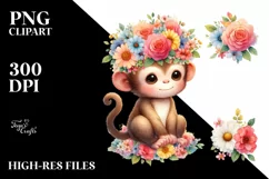 Adorable Monkey with Flower Crown, High-Res PNG Product Image 1
