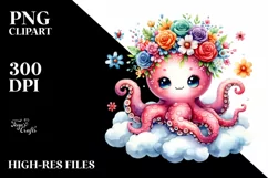 Cartoon-Style Watercolor Octopus with Vibrant Flower Crown Product Image 1