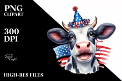 Watercolor Cow Portrait with Party Hat & Smiles | Clipart Product Image 3