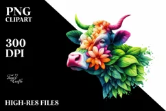 Abstract Vibrant Plant Leaves and 3D Flowers Cow PNG Product Image 1
