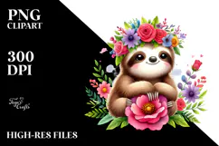 Cartoon-Style Watercolor Sloth Sitting Flower Crown | Product Image 2