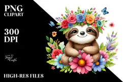 Cartoon-Style Watercolor Sloth Sitting Flower Crown | Product Image 2