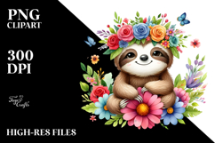 Cartoon-Style Watercolor Sloth Sitting Flower Crown | Product Image 2