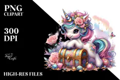 Colorful Baby Unicorn with Treasure Chest, Transparent PNG Product Image 2