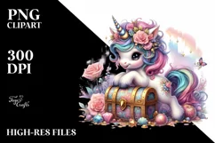 Colorful Baby Unicorn with Treasure Chest, Transparent PNG Product Image 1