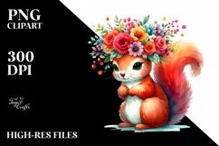 Cartoon-Style Watercolor Squirrel Sitting Flower Crown | Product Image 1