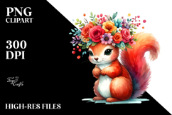 Cartoon-Style Watercolor Squirrel Sitting Flower Crown | Product Image 2