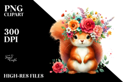 Cartoon-Style Watercolor Squirrel Sitting Flower Crown | Product Image 2