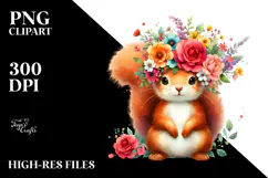 Cartoon-Style Watercolor Squirrel Sitting Flower Crown | Product Image 2