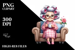 Watercolor Old Lady Sitting on Couch | Sublimation | Clipart Product Image 1