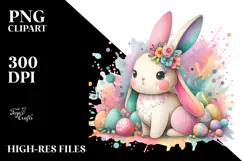 Colorful Pastel Bunny on Wood, PNG Product Image 2